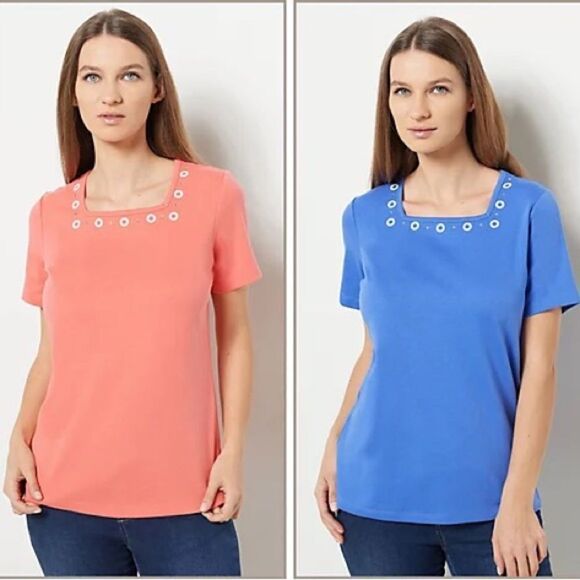 Quacker Factory Set of 2 Short Sleeve Square Neck Tops - Picture 1 of 3
